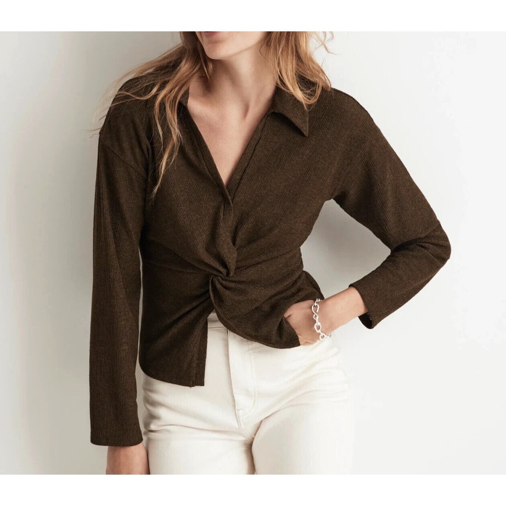 MADEWELL Dark Green RIBBED CREPE Snap V-NECK Pullover TWIST-FRONT Blouse/Top XS